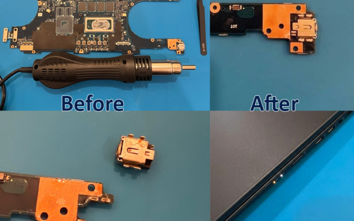 Laptop charging port replacement: old DC jack removed from the charging board with a hot-air station, new jack soldered in, charge light on