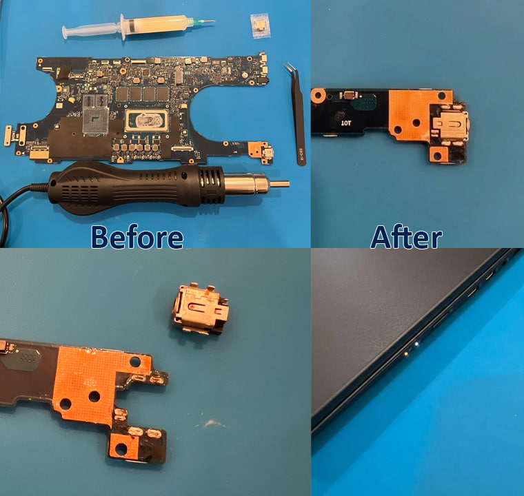 Laptop charging port replacement: old DC jack removed from the charging board with a hot-air station, new jack soldered in, charge light on
